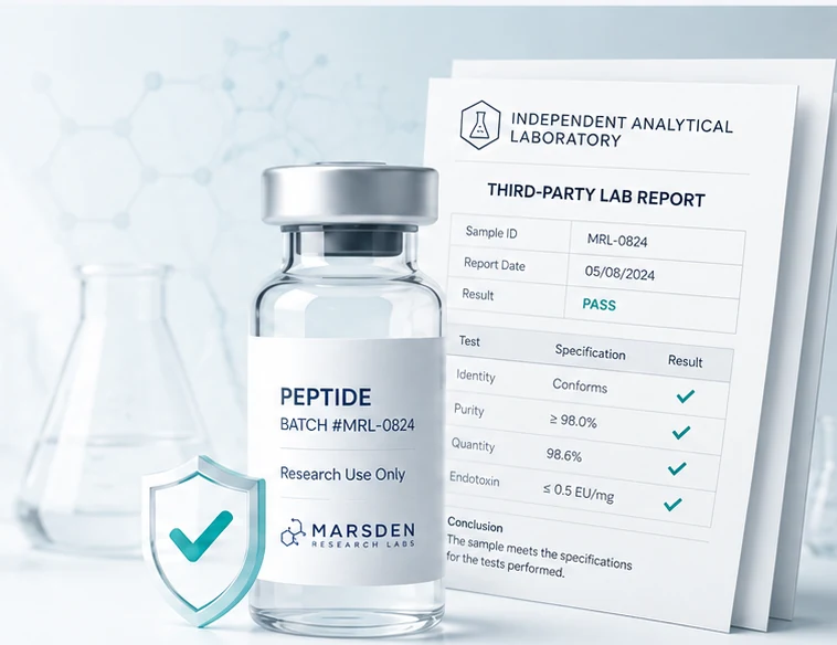 Illustration of a peptide testing vial beside a third-party laboratory report